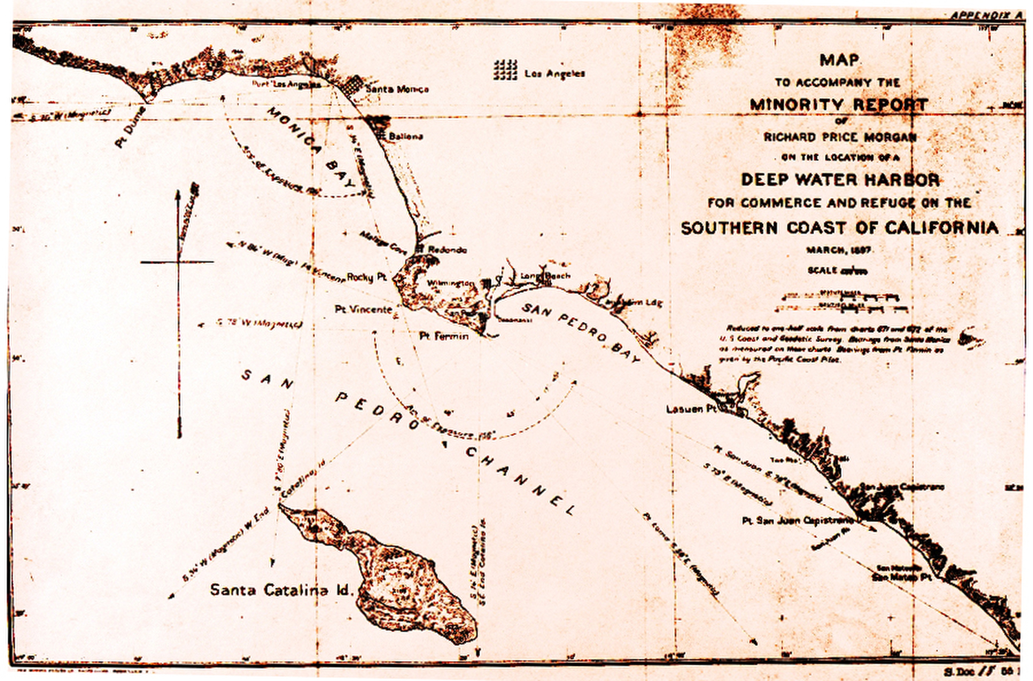 A map looking at San Pedro Bay vs. Santa Monica Bay for the eventual location of a Port complex. Despite powerful opposition from railroad interests, San Pedro Bay finally was chosen.
