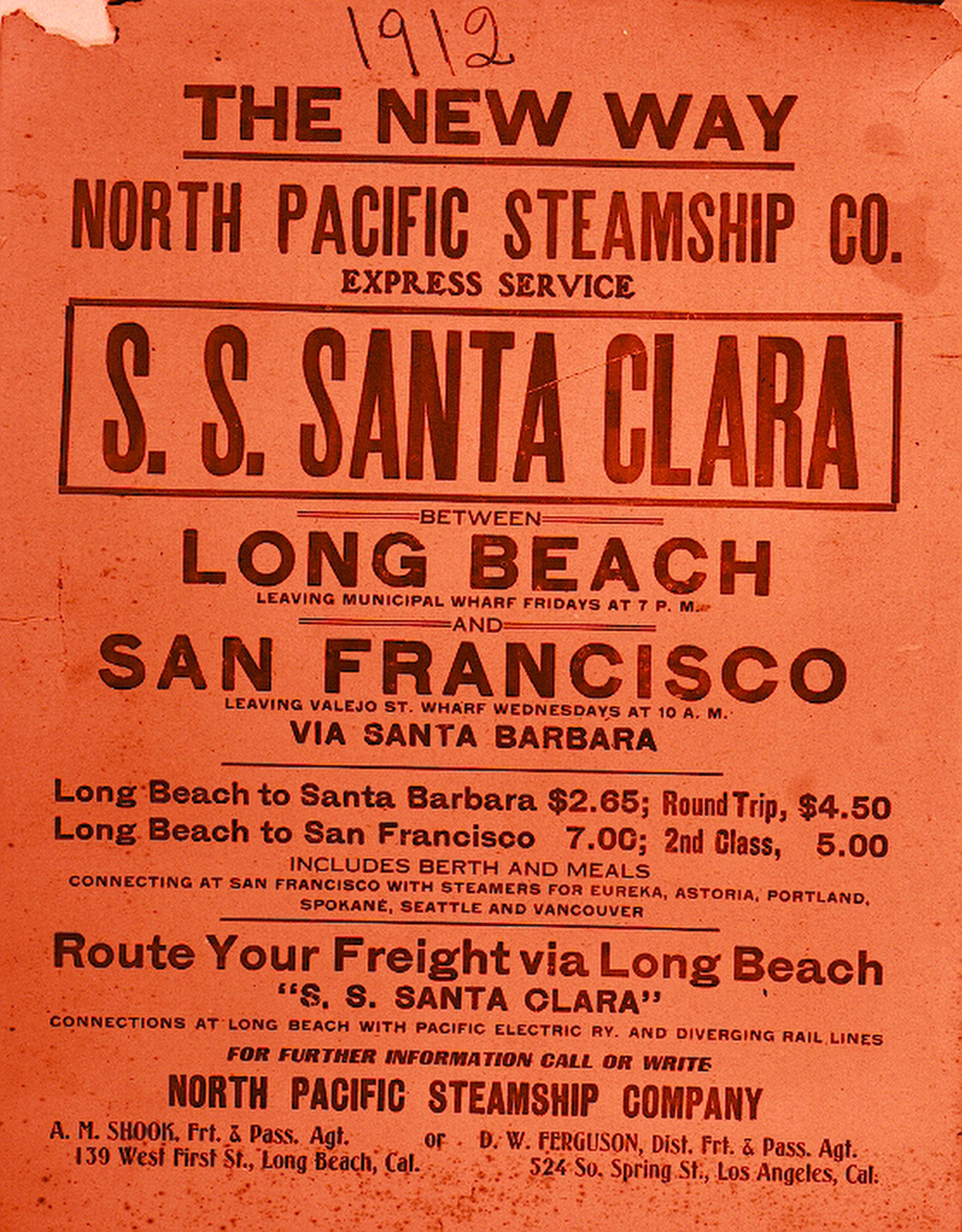 A poster announces the first passenger service from the new Port of Long Beach in 1912.