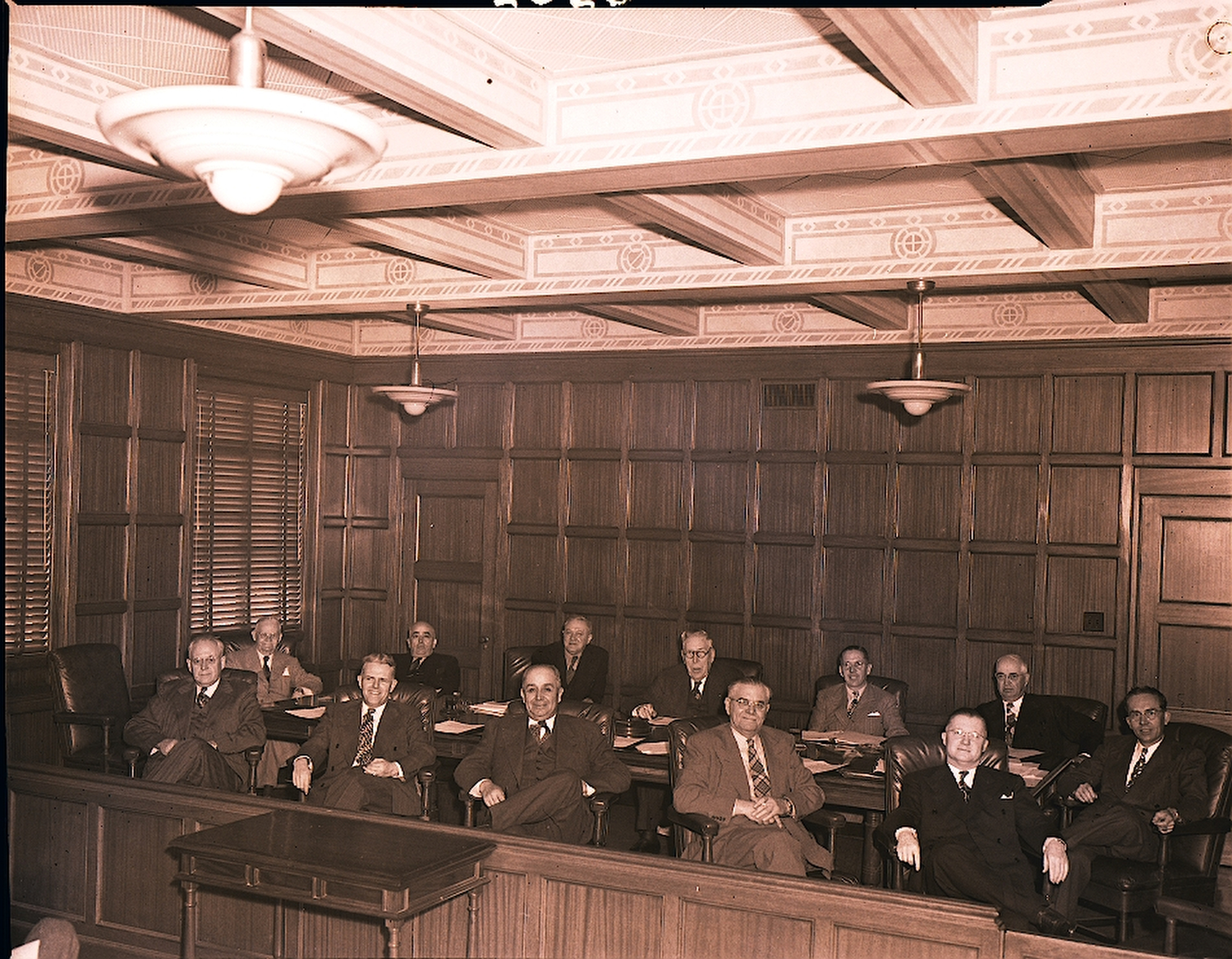 Members of the Harbor Commission and Port staff, 1946.  Front row, from left: unidentified, Robert Shoemaker, chief Port engineer, Eloi "Frenchy" Amar, Port general manager, unidentified, unidentified, and Alvin Maddy, executive secretary. Back row, from left, are Commissioners Gen. James J. Meade, unidentified, Frank J. Parr, W.R. "Frosty" Martin, John L. Kelly and George Rochester.