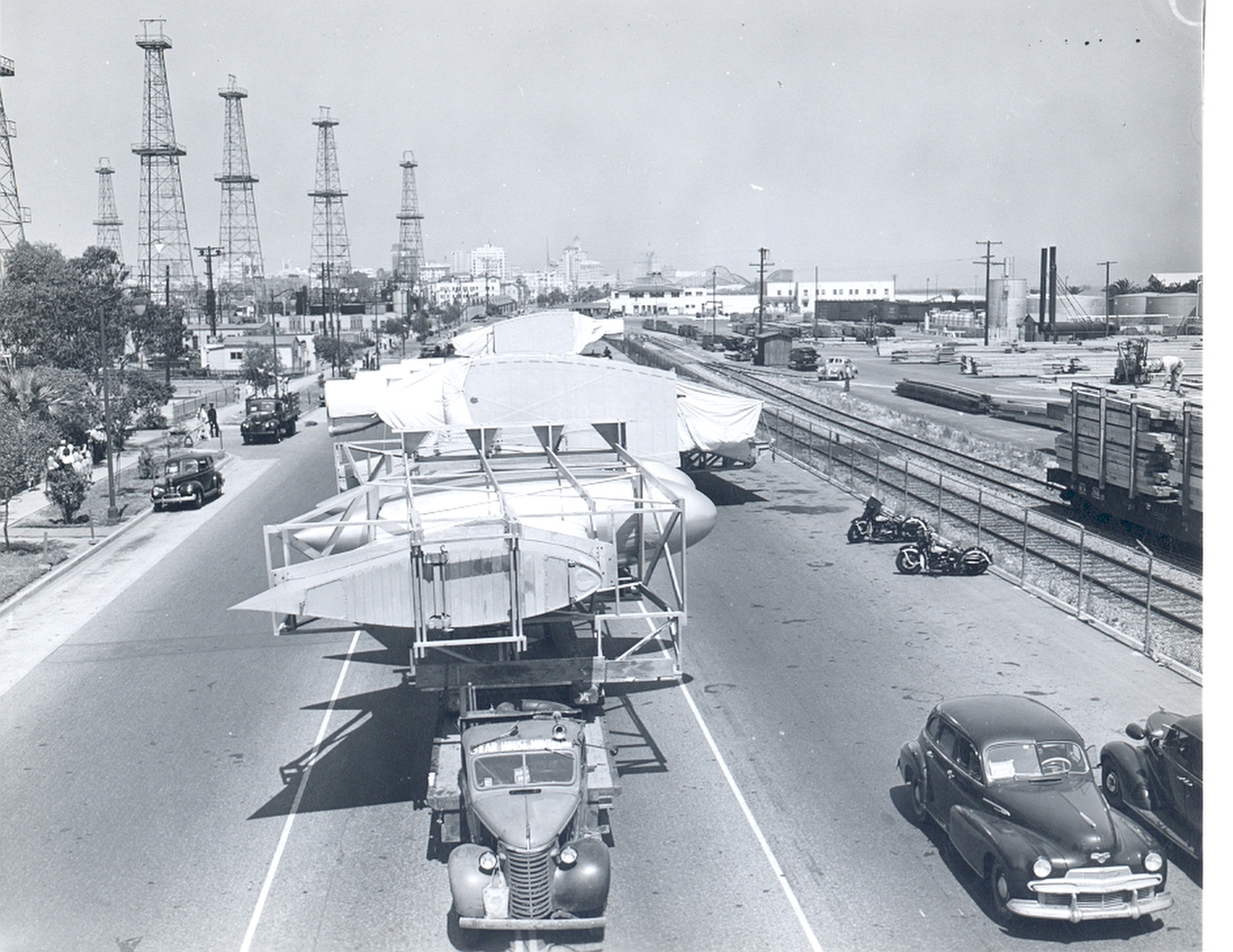 Pieces of the Spruce Goose head down Santa Fe Avenue on their journey from Culver City to Long Beach in 1946.
