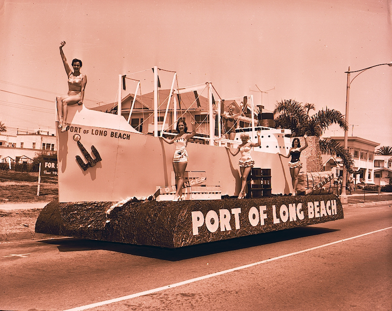 The Port was a big booster of the Miss Universe Pageant, which started in Long Beach in 1952. Here contestants ride a Port float in the annual pageant parade down Ocean Boulevard.
