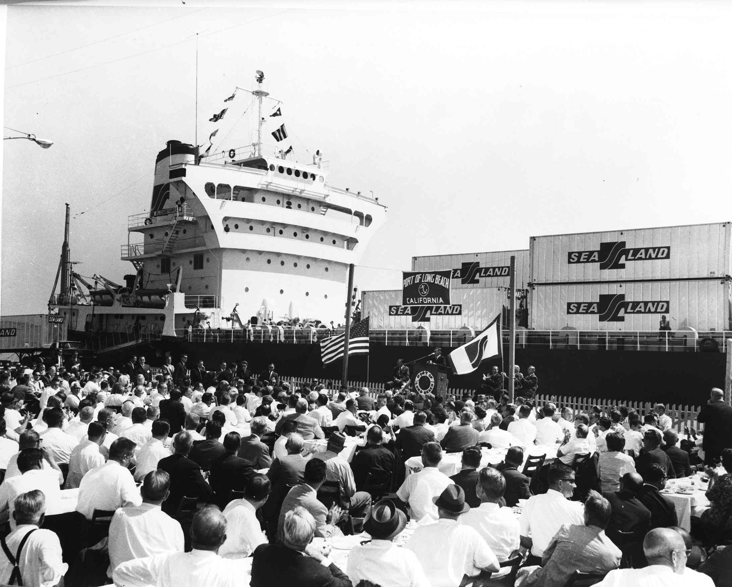 The SS Elizabethport is the first container vessel to call at the Port of Long Beach in 1962, heralding a new era in shipping.