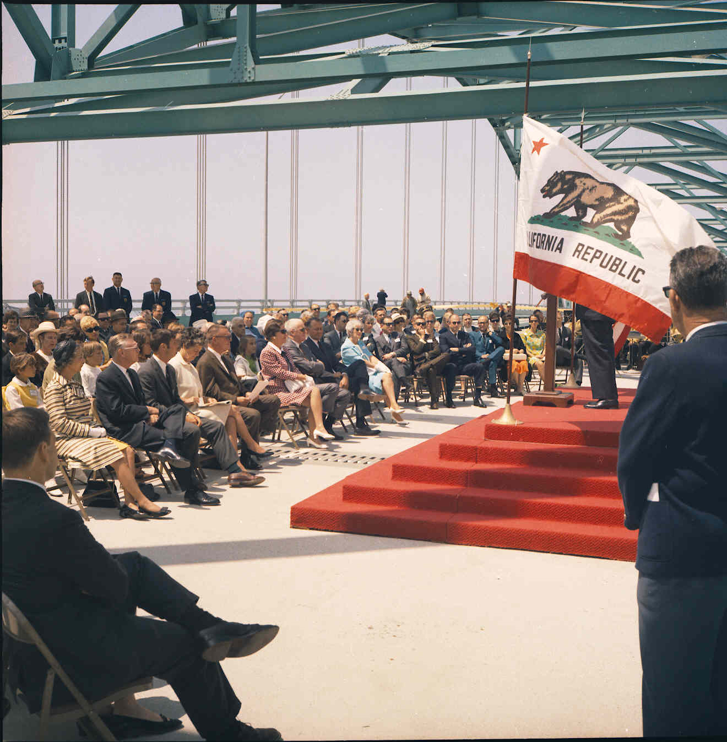 Dignitaries gather for the dedication of the Gerald Desmond Bridge, 1968.