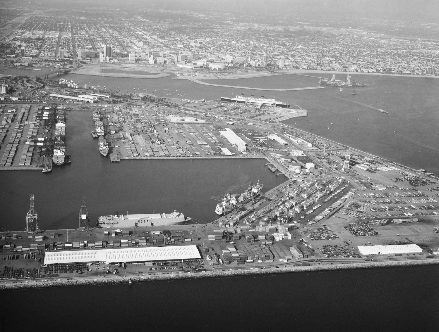 An aerial shot of Pier J and the downtown skyline, probably around 1979.