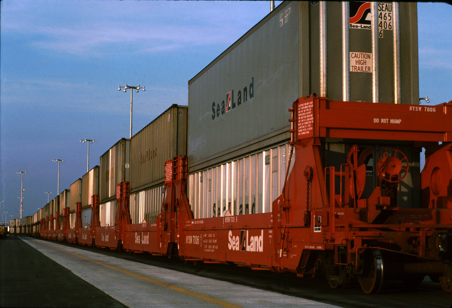 Double-stacked containers on rail cars at the ICTF.