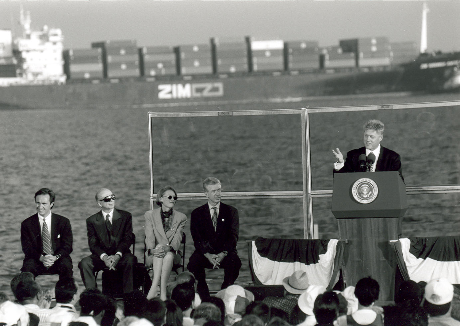 President Bill Clinton visits the Port of Long Beach at the then Navy Mole, now Pier T, Aug. 8, 1996. The Naval Shipyard closed the next year.