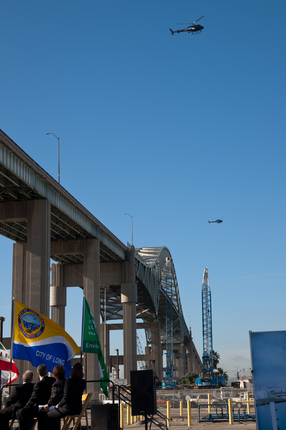 Groundbreaking on the Gerald Desmond Bridge Replacement Project, 2013. The helicopters are hovering at 515 feet, the eventual height of the new bridgeÕs towers.