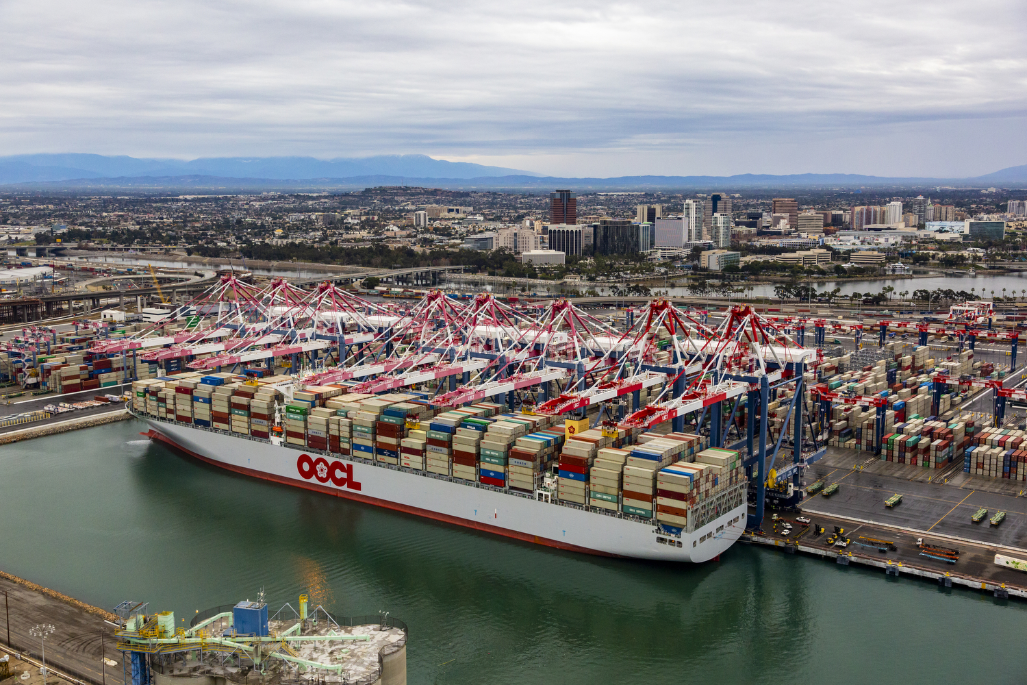 The 13,200 OOCL Malaysia is docked at Long Beach Container Terminal in 2018. Long Beach Container Terminal is the greenest, most advanced terminal in the Western Hemisphere.