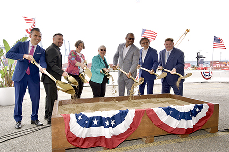 Breaking ground Friday, July 11, on a $365 million terminal expansion project at the ITS terminal at Pier G in the Port of Long Beach are, from left: Port of Long Beach COO Dr. Noel Hacegaba, ILWU Local 13 President Gary Herrera, Long Beach Harbor Commissioner Sharon L. Weissman, Long Beach Harbor Commission President Bonnie Lowenthal, Long Beach Mayor Rex Richardson, Port of Long Beach CEO Mario Cordero and ITS Long Beach CEO Kim Holtermand.