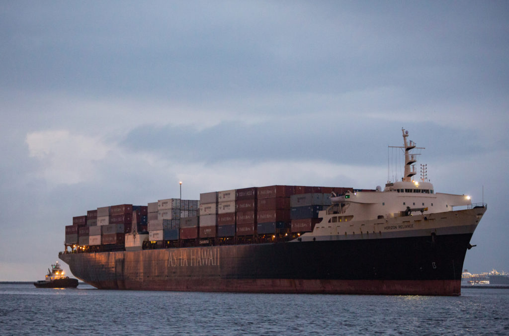 Pasha Hawaii’s container ship the Horizon Reliance berthed at SSA Terminal Pier A in the Port of Long Beach in April, the first of a new twice-weekly service between Hawaii and Long Beach.