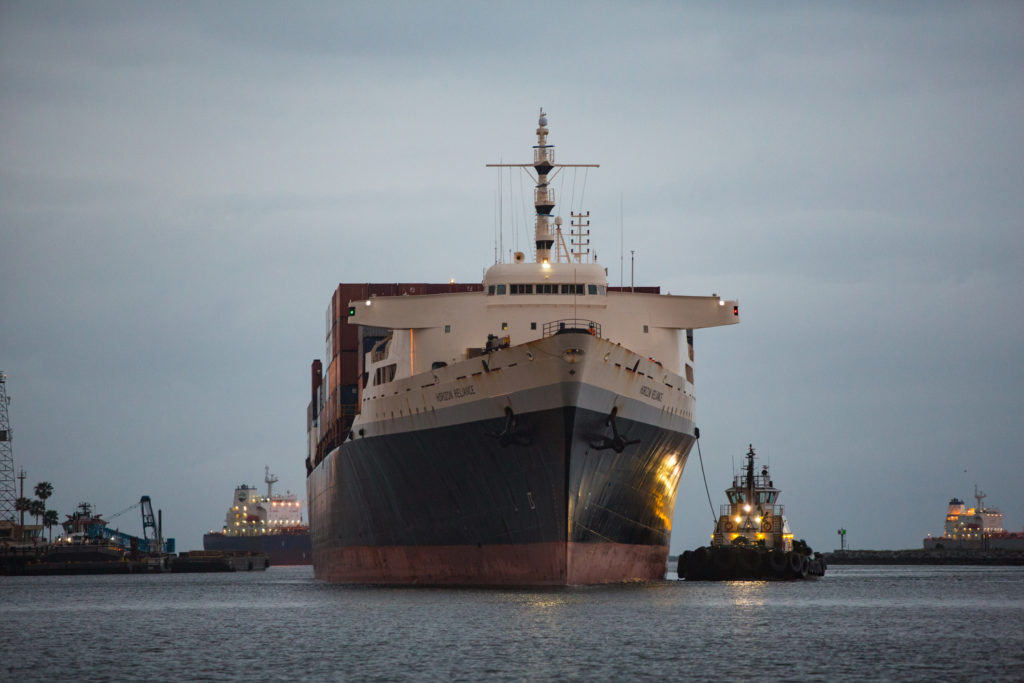 Pasha Hawaii’s container ship the Horizon Reliance berthed at SSA Terminal Pier A in the Port of Long Beach in April, the first of a new twice-weekly service between Hawaii and Long Beach.