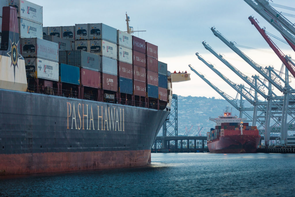 Pasha Hawaii’s container ship the Horizon Reliance berthed at SSA Terminal Pier A in the Port of Long Beach in April, the first of a new twice-weekly service between Hawaii and Long Beach.