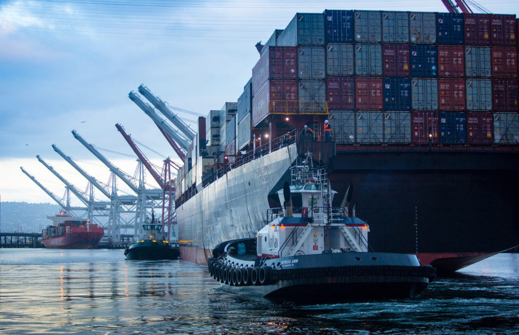 Pasha Hawaii’s container ship the Horizon Reliance berthed at SSA Terminal Pier A in the Port of Long Beach in April, the first of a new twice-weekly service between Hawaii and Long Beach.