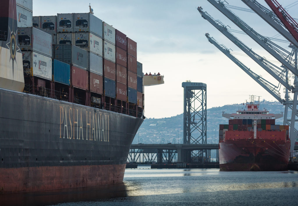 Pasha Hawaii’s container ship the Horizon Reliance berthed at SSA Terminal Pier A in the Port of Long Beach in April, the first of a new twice-weekly service between Hawaii and Long Beach.