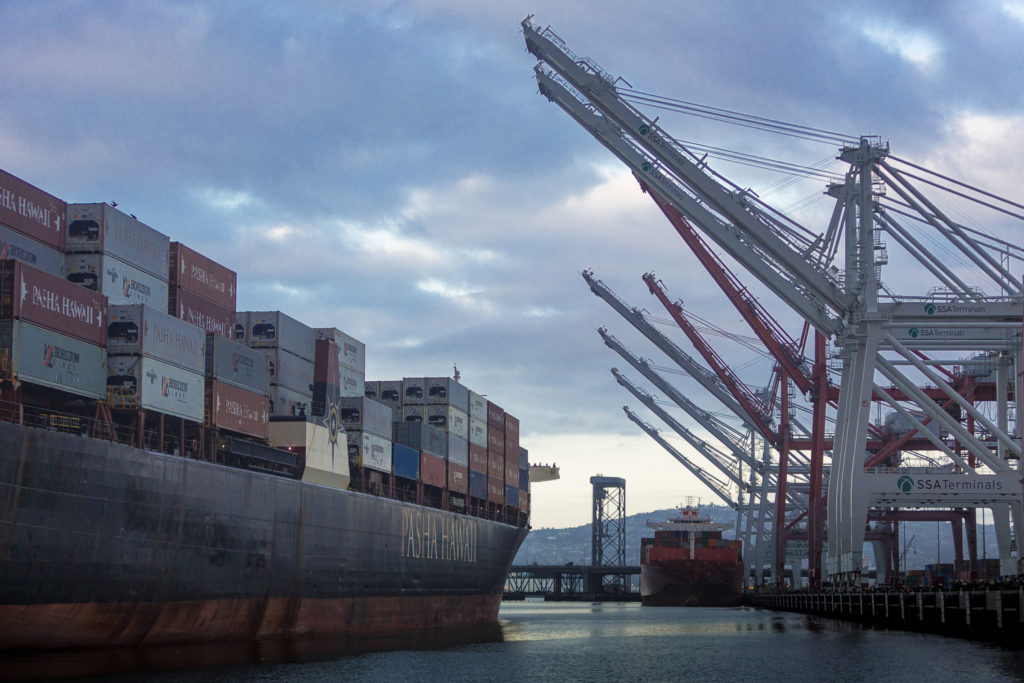 Pasha Hawaii’s container ship the Horizon Reliance berthed at SSA Terminal Pier A in the Port of Long Beach in April, the first of a new twice-weekly service between Hawaii and Long Beach.