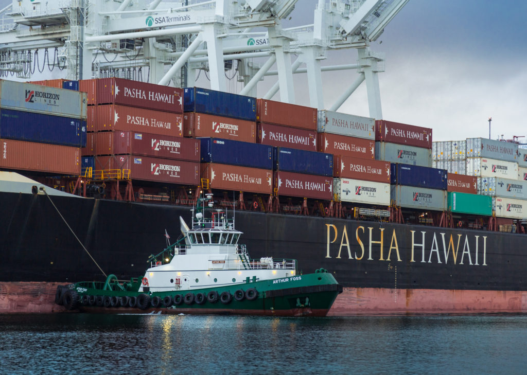 Pasha Hawaii’s container ship the Horizon Reliance berthed at SSA Terminal Pier A in the Port of Long Beach in April, the first of a new twice-weekly service between Hawaii and Long Beach.