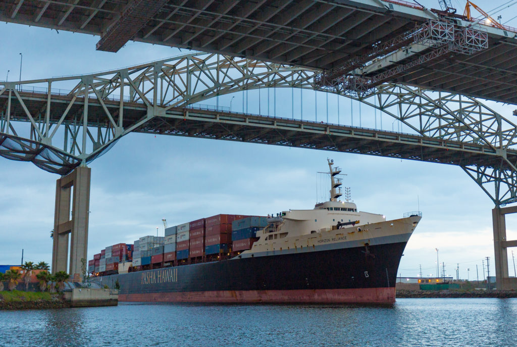 Pasha Hawaii’s container ship the Horizon Reliance berthed at SSA Terminal Pier A in the Port of Long Beach in April, the first of a new twice-weekly service between Hawaii and Long Beach.